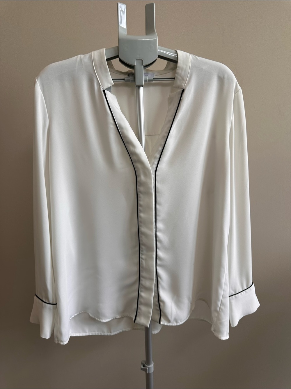 Women's White V-Neck Blouse with Black Trim
